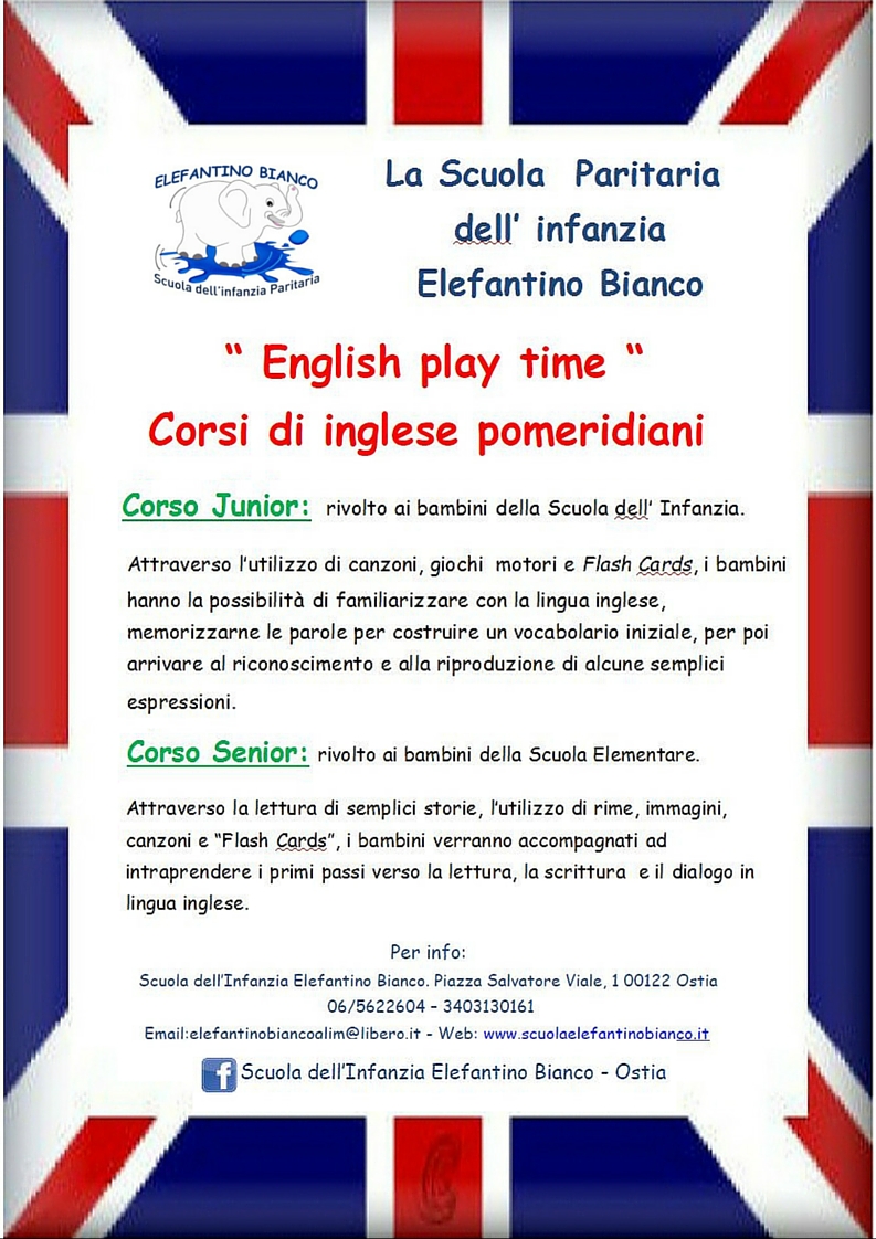 Locandina dei corsi di inglese pomeridiani a Ostia della Scuola Elefantino Bianco